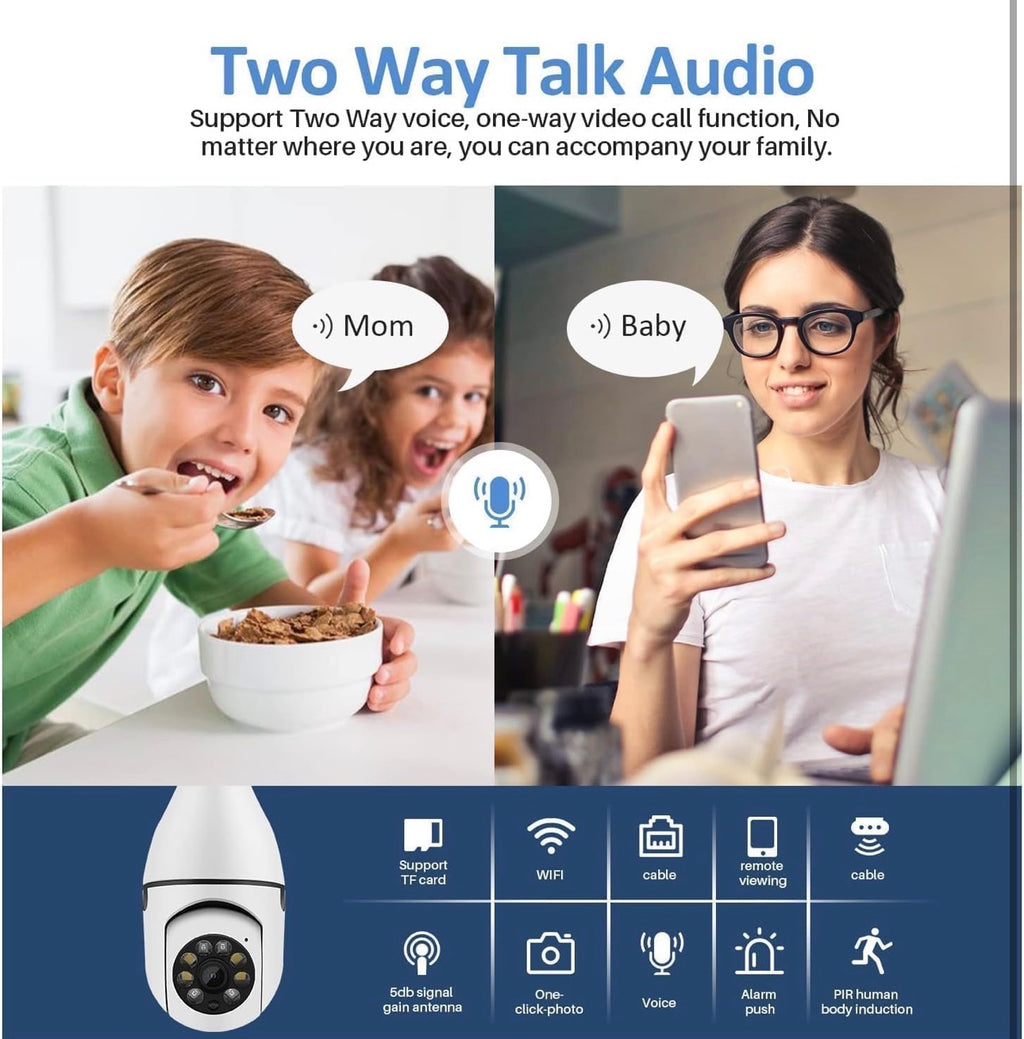 Smart WiFi Bulb Security Camera | 360° PTZ Wireless Surveillance | Works with 2.4GHz WiFi, Mobile Hotspot & Portable Routers | Easy Install