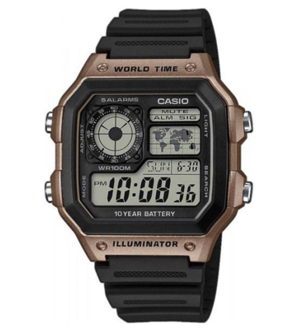 World Time Digital Watch with Premium Leather Strap | Illuminator | 10-Year Battery