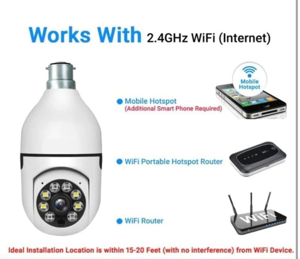 Smart WiFi Bulb Security Camera | 360° PTZ Wireless Surveillance | Works with 2.4GHz WiFi, Mobile Hotspot & Portable Routers | Easy Install