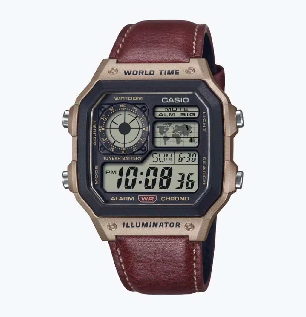 World Time Digital Watch with Premium Leather Strap | Illuminator | 10-Year Battery