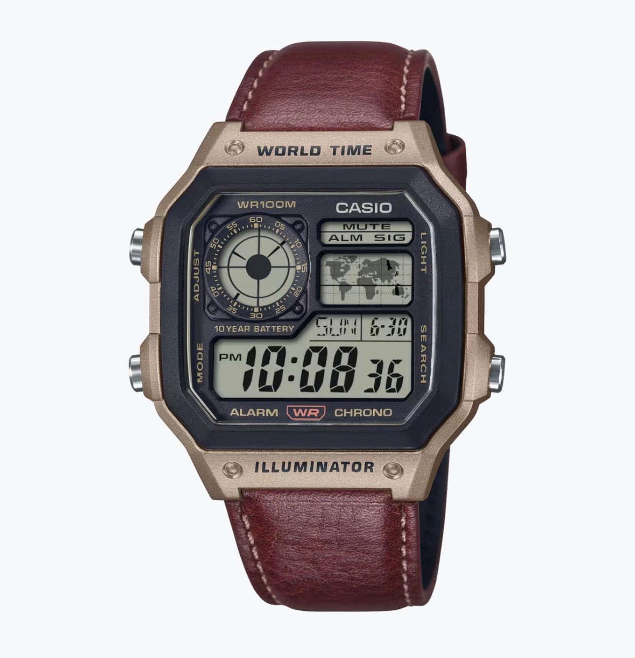 World Time Digital Watch with Premium Leather Strap | Illuminator | 10-Year Battery