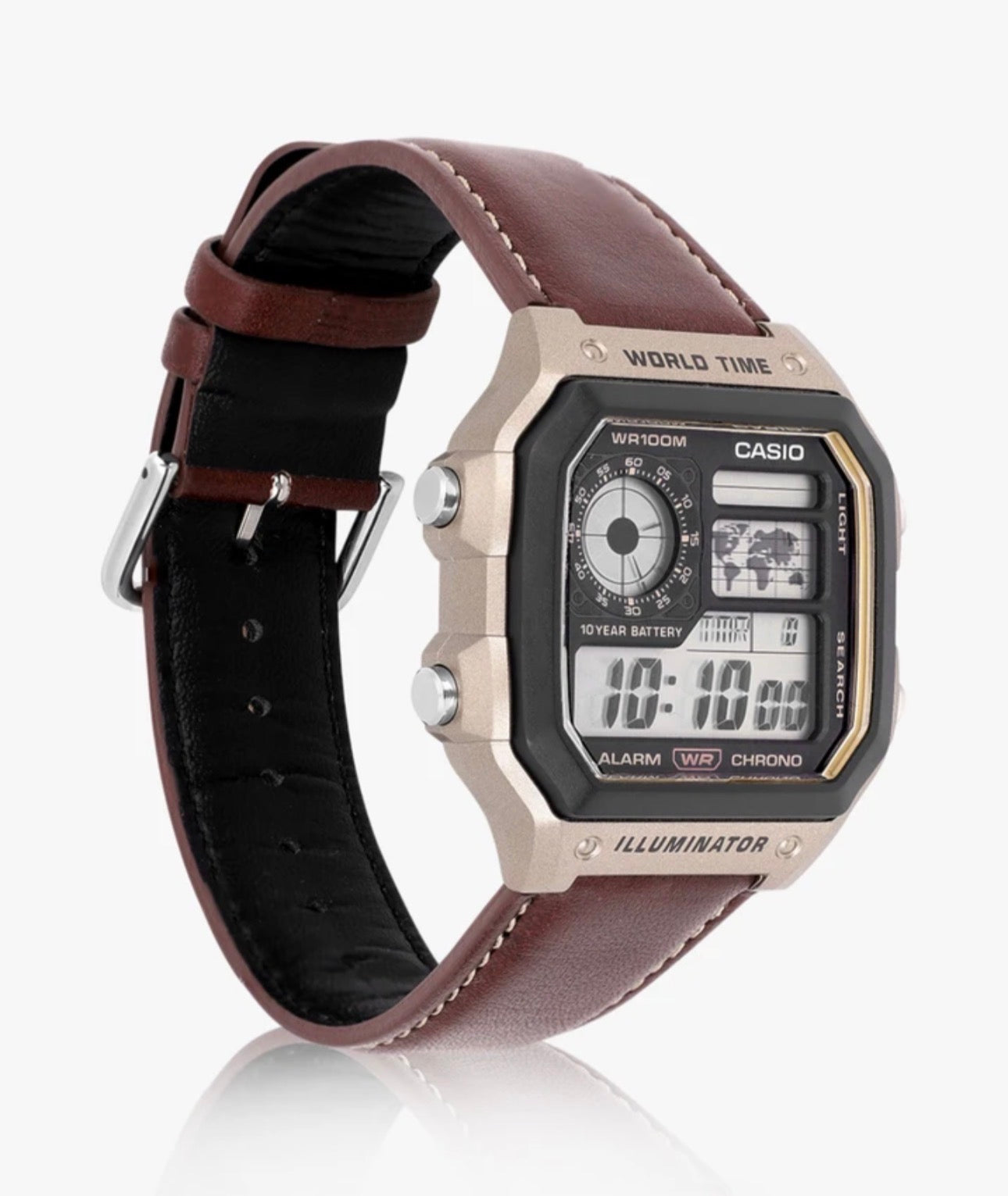 World Time Digital Watch with Premium Leather Strap | Illuminator | 10-Year Battery
