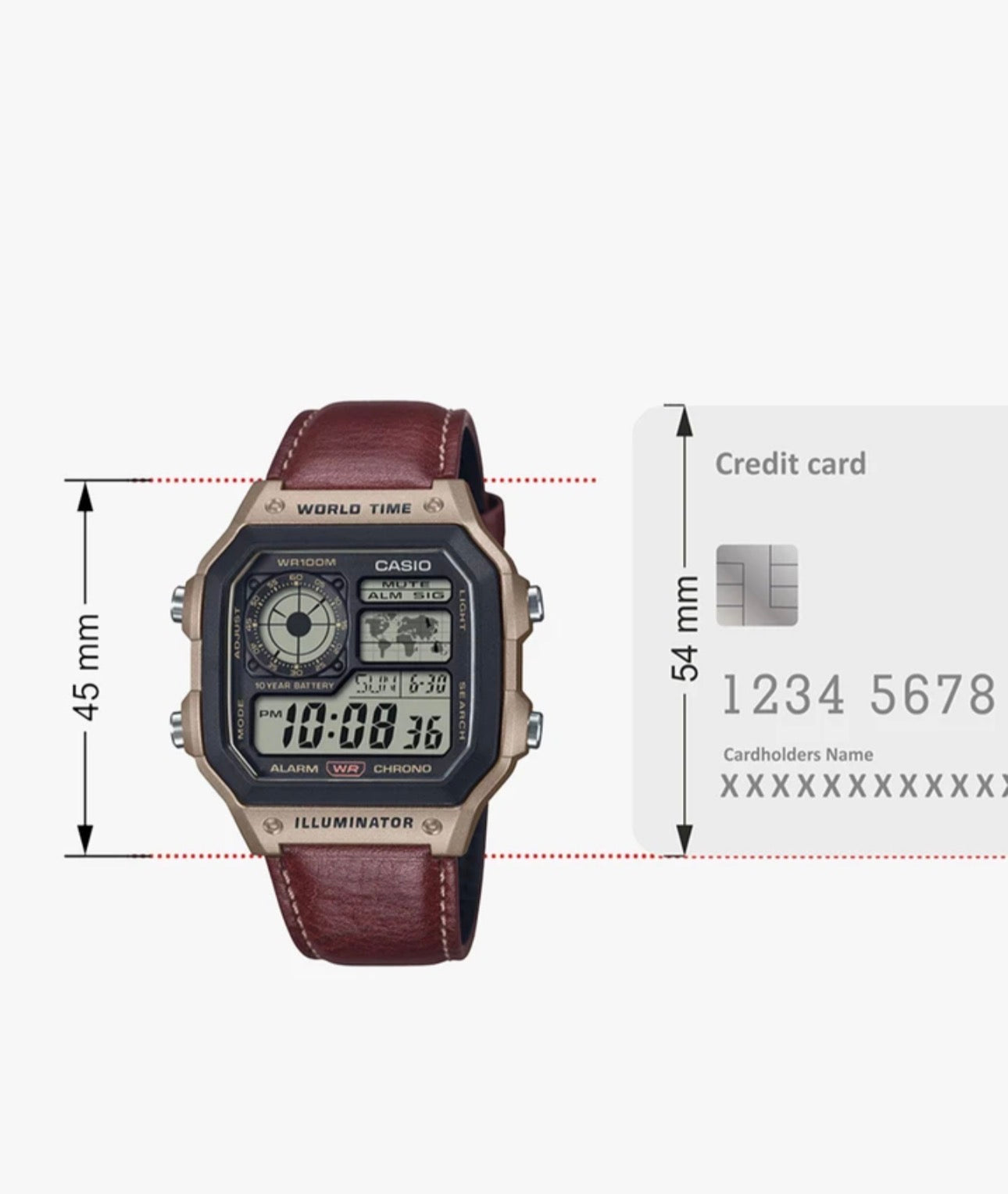 World Time Digital Watch with Premium Leather Strap | Illuminator | 10-Year Battery