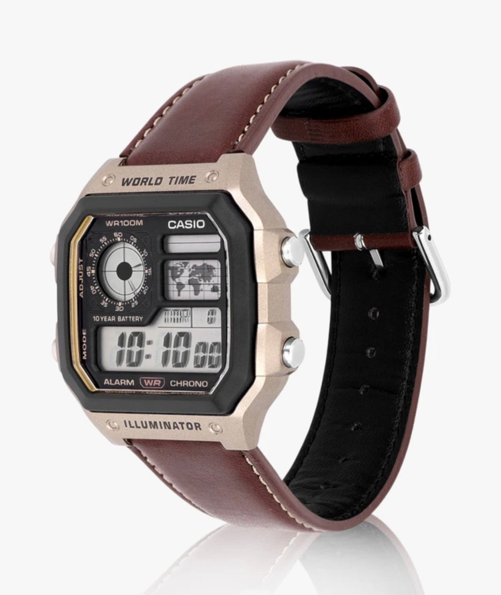 World Time Digital Watch with Premium Leather Strap | Illuminator | 10-Year Battery