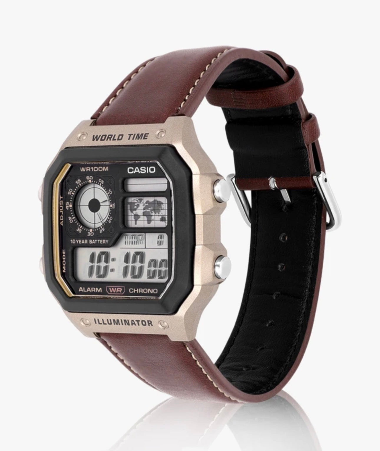 World Time Digital Watch with Premium Leather Strap | Illuminator | 10-Year Battery